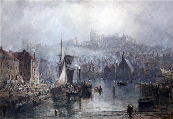 George Weatherill (1810-1890) View of Whitby Harbour with the abbey beyond, 14 x 20.5in.